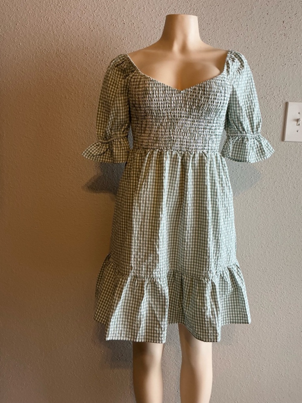 Smocked Gingham Mini Dress in Sage Green